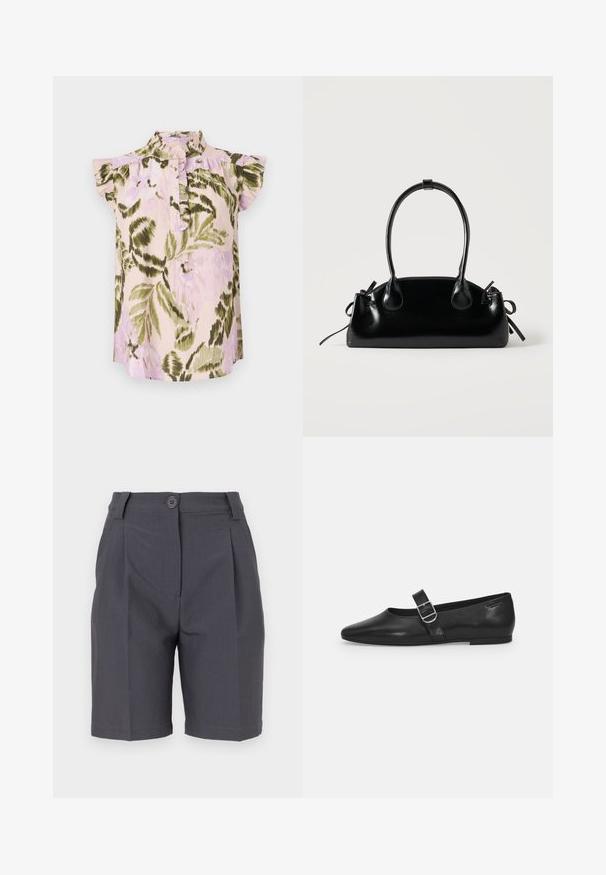Blusa con estampado floral, cuello alto, mangas cortas con volantes y una botonera. Los colores incluyen rosa claro, verde y lavanda.; Pantalones cortos grises a medida con pliegues, cierre de botón y bolsillos laterales. Hechos de una tela suave y ligera con un ajuste estructurado.; Zapato plano de cuero negro con punta redondeada, una sola correa ajustable con hebilla y una textura suave y brillante. Diseño minimalista con un tacón bajo.; Pequeño bolso negro brillante con dos asas largas y detalles de cordón lateral sobre un fondo claro liso.