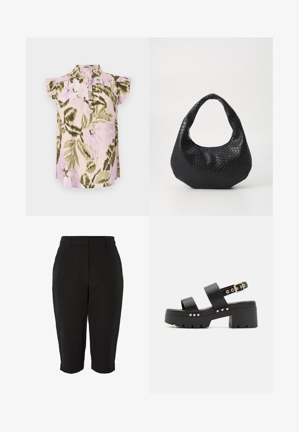 Blusa con estampado floral, cuello alto, mangas cortas con volantes y una botonera. Los colores incluyen rosa claro, verde y lavanda.; Pantalones capri negros con una textura suave, que presentan un diseño ajustado, frente plano y puños rematados. Sin bolsillos visibles ni adornos.; Call it Spring NOVALIE - Sandalias con plataforma - black; Bolso de mano tejido en negro con un asa curvada, que presenta una superficie texturizada y una forma holgada. Acabado suave con una silueta orgánica.