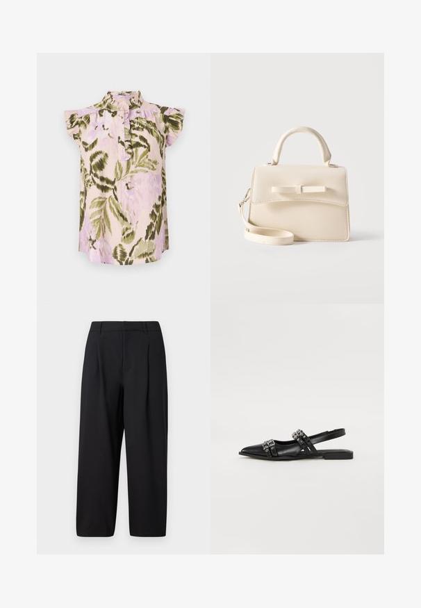 Bloemmotief blouse met hoge kraag, korte geplooide mouwen en een knoopsluiting. Kleuren zijn lichtroze, groen en lavendel.; Zwarte broek met een ontspannen pasvorm, geplooid front, platte tailleband en een zachte textuur. Geëindigd op een cropped lengte, geschikt voor formele of casual kleding.; Even&Odd by Zalando Slingback ballerina´s - black; Kleine beige handtas met bovenhandvat, afneembare riem, voorflap en decoratieve horizontale strik op een effen achtergrond.