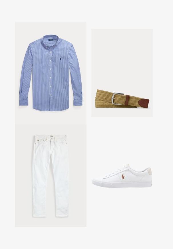 Modrá a biela vertikálne pruhovaná košeľa s dlhým rukávom, zapínaná na gombíky, s gombíkovým golierom a logom Polo Ralph Lauren na hrudi.; Biele slim fit džínsy s piatimi vreckami, zapínaním na gombíky a opaskovými pútkami, položené na rovnej svetlej jednofarebnej podložke.; Biele plátenné tenisky s nízkym strihom, ktoré majú béžový opasok na päte a malé vyšívané logo na boku. Gumová podrážka.; Prepletený svetlohnedý látkový opasok so striebornou metalovou prackou a hnedými koženými akcentmi, vrátane zašitého loga na konci.