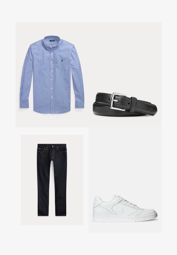 Chemise à manches longues rayée verticale bleu et blanc, à boutons, col boutonné, avec le logo Polo Ralph Lauren sur la poitrine.; Jean slim bleu foncé avec cinq poches, fermeture à boutons et coutures contrastées, posé à plat sur un fond clair.; Baskets en cuir blanc avec une texture lisse, présentant un bout perforé, un système de laçage et un logo brodé sur le côté. Semelle en caoutchouc blanc.; Ceinture en cuir noir avec boucle rectangulaire argentée, roulée sur un fond blanc, avec un logo embossé subtil à l'extrémité.