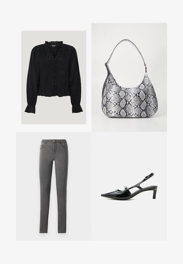 Blusa negra de manga larga hecha de tejido texturado. Presenta un escote en V con volantes, cierre de botones y detalles fruncidos a lo largo del torso y las mangas.; Jeans skinny de mezclilla gris con un diseño ajustado, estilo de cinco bolsillos y un cierre de botón metálico en la cintura.; Zapato slingback de charol negro con punta puntiaguda, tacón bajo y dos correas ajustables con hebillas, mostrado de perfil lateral.; Bolso de hombro con estampado de serpiente en blanco y negro, de forma redondeada, textura suave y correa curvada. Presenta un acento de hardware plateado.