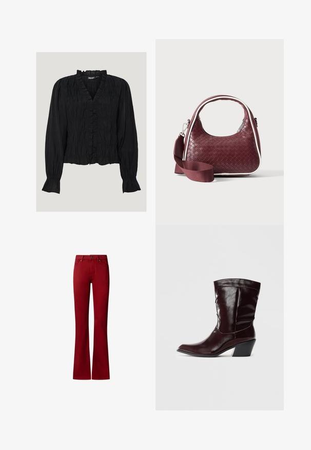 Blusa negra de manga larga hecha de tejido texturado. Presenta un escote en V con volantes, cierre de botones y detalles fruncidos a lo largo del torso y las mangas.; Pantalones rojos estilo bootcut con botón frontal, cremallera y diseño de cinco bolsillos, mostrados sobre un fondo blanco.; Botines de cuero burdeos con punta afilada, superficie texturizada y tacón bajo cónico. Presentan costuras sutiles y un ajuste ceñido.; Bolso de mano de cuero tejido color granate con asa curva, ribete blanco, cremallera plateada y correa desmontable de tela ancha para el hombro sobre fondo liso.