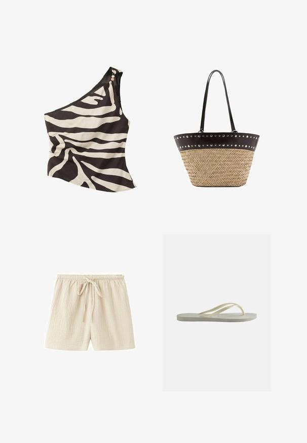 Haut à une épaule imprimé zèbre noir et blanc avec des perles sur la bretelle, cintré à la taille et légèrement évasé en bas.; Shorts beige en coton avec taille élastique et lien à l'avant, présentant un tissu texturé, léger et une coupe décontractée.; Tongs en caoutchouc blanc cassé, à bride fine et semelle texturée, vues de côté sur un fond uni.; Sac fourre-tout en paille tissée avec garniture en cuir marron, orné de détails à œillets argentés et de deux longues bandoulières en cuir.