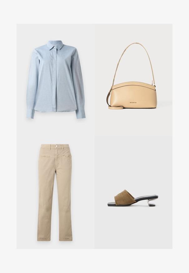 Lichtblauw overhemddesign met een kraag, lange mouwen, een voorste sluiting en een gladde stoftextuur. De onderkant is licht gebogen.; Beige katoenen broek met een rechte pijp, met een knoopsluiting aan de voorkant, twee voortassen en subtiele stikdetails.; Bruine stoffen slide-sandaal met een gebogen metalen hak en een vierkante neus. Heeft een gladde textuur en een brede bovenste band.; Beige leren handtas met gebogen bovenrand, gouden ketting schouderriem en klein gouden logo centraal aan de voorkant.