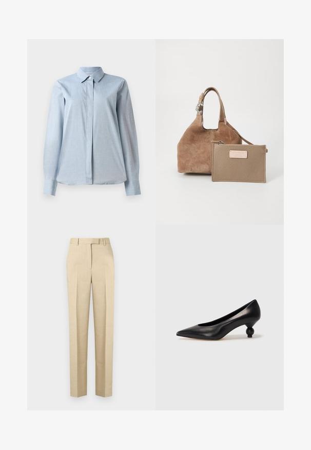 Camisa abotonada de color azul claro con cuello, mangas largas, una tapeta delantera y una textura de tela suave. El dobladillo es ligeramente curvado en la parte inferior.; Pantalones beige de tiro alto, confeccionados a medida, con trabillas para cinturón, pliegue frontal y cierre oculto, exhibidos sobre un fondo liso.; Zapato de tacón alto de cuero negro con puntera afilada y un tacón redondeado y abombado. Textura suave con un diseño elegante y minimalista.; Bolso de ante marrón con forma redondeada y un asa corta. Cuenta con un pouch de cuero marrón claro extraíble con cremallera y acento de logo.