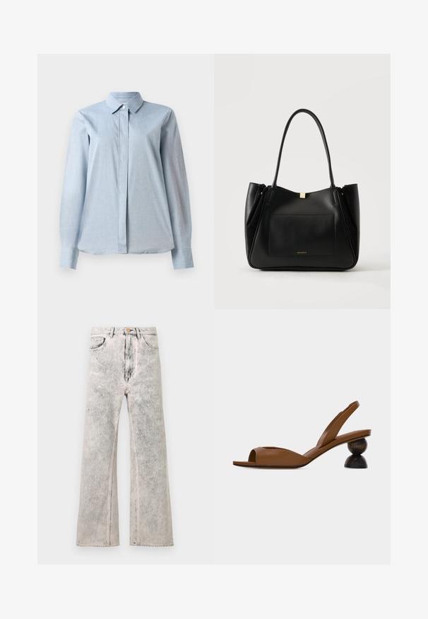 Camisa abotonada de color azul claro con cuello, mangas largas, una tapeta delantera y una textura de tela suave. El dobladillo es ligeramente curvado en la parte inferior.; Pantalones vaqueros de pierna ancha de mezclilla gris claro con una textura deslavada, cintura alta, cinco bolsillos y cierre con botón en la parte delantera.; Sandalia marrón con punta abierta y tiras traseras, con un distintivo tacón redondo de madera de dos piezas, sobre un fondo claro sencillo.; Bolso tote de cuero negro con asas largas, bolsillo delantero y pequeño logo de la marca en oro sobre un fondo neutro.