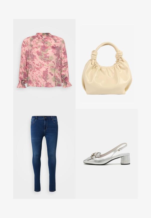 Blusa rosa con un patrón floral en tonos de verde y púrpura. Tiene un escote fruncido y puños con volantes. Tejido ligero.; Jeans ajustados de mezclilla azules, que cuentan con cinco bolsillos, una bragueta con botones y costuras en contraste. Textura suave y corte slim.; Zapato slingback plateado con puntera afilada, detalle de lazo y un tacón bajo tipo bloque con una banda decorativa de rhinestone. Acabado metálico suave.; Bolso de mano de piel suave color crema con parte superior fruncida y asas dobles anudadas sobre fondo blanco.
