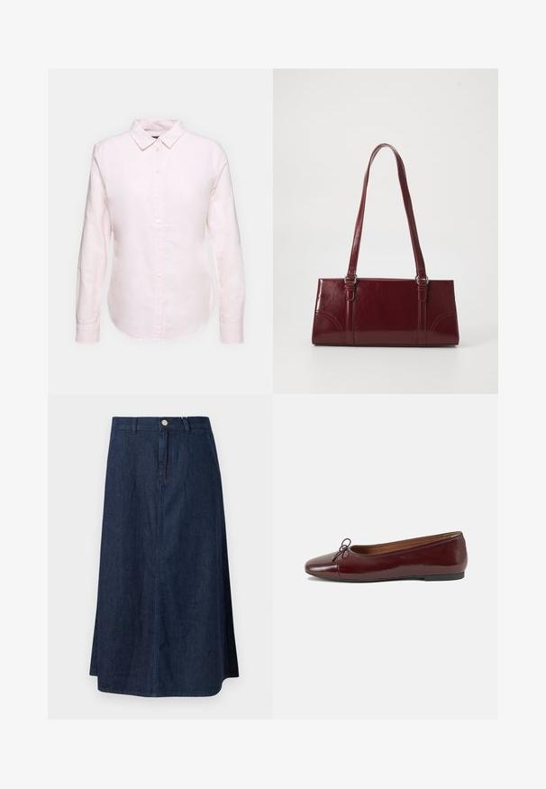 Lyserød langærmet skjorte med button-down krave, der har en lige kant og blød tekstur, lavet af letvægts bomuldsstof.; Denim midi-nederdel i mørkeblå, med lige snit, frontknaplukning og subtile syningsdetaljer langs sømmene.; Bordeaux patentlæder balletflad med rund tå, lille sløjfeaccent foran og en lav, sort gummisål. Glat tekstur.; Bordeaux håndtaske lavet af glansfuldt materiale, rektangulær form, med to skulderremme og subtile buede detaljer på forsiden.