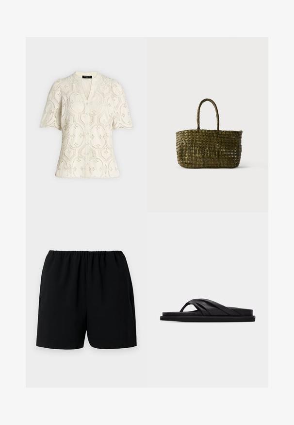 Blouse crème à manches courtes boutonnée avec motif floral en dentelle œillet et bords festonnés aux manches et à l'ourlet.; Shorts noirs avec un waistband élastique, fabriqués en tissu léger. Présente un design simple avec des ouvertures de jambes droites et sans motifs visibles.; Sandale plate noire avec bride croisée rembourrée et entre-doigt, design minimaliste sur fond gris clair uni.; Sac cabas tissé vert olive avec deux poignées arrondies sur un fond clair uni.