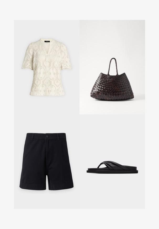 Blouse crème à manches courtes boutonnée avec motif floral en dentelle œillet et bords festonnés aux manches et à l'ourlet.; Shorts en coton bleu marine foncé avec une fermeture à bouton, des poches latérales et une coupe droite, présentant une texture lisse et un design épuré.; Sandale plate noire avec bride croisée rembourrée et entre-doigt, design minimaliste sur fond gris clair uni.; DRAGON DIFFUSION SANTA CROCE BIG - Sac à main - dark brown
