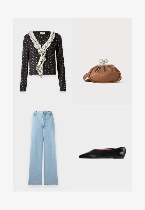 Sort langærmet top med hvide prikker og en volang V-udskæring trimmet med hvidt, der har et blødt, struktureret stof.; Lyseblå bredbenede jeans lavet af denim med høj talje, som har fem bæltestropper, en frontknaplukning og stikninger.; Sort damesko i læder med flad hæl og spids tå, vist fra siden på en ensfarvet lys grå baggrund.; Brun læder clutch-pung med sølv kugleklap og en lille sølv kædedetalje på en hvid baggrund.
