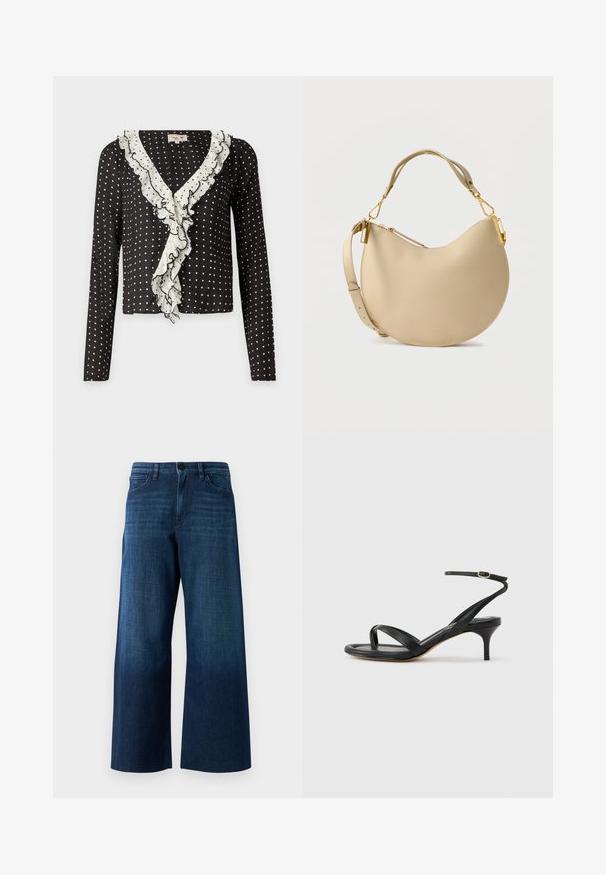 Top de manga larga negro con lunares blancos y un escote en V con volantes ribeteado en blanco, con una tela suave y texturada.; Jeans de mezclilla azul oscuro de pierna ancha con botón frontal, pasadores para cinturón y diseño clásico de cinco bolsillos sobre fondo liso.; Sandalia negra de cuero para mujer con tiras finas, un lazo para el dedo del pie, hebilla en el tobillo y tacón de aguja de altura media sobre un fondo neutro.; Bolso de hombro de cuero beige con diseño curvo, herrajes dorados, correa ajustable y textura suave. Cuenta con cremallera superior.