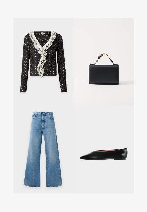 Sort langærmet top med hvide prikker og en volang V-udskæring trimmet med hvidt, der har et blødt, struktureret stof.; Bredde ben lyseblå denim jeans med høj talje, der har forlommer, knaplukning og subtle falmede detaljer.; Sort damesko i læder med flad hæl og spids tå, vist fra siden på en ensfarvet lys grå baggrund.; Sort læderhåndtaske med rektangulær form, der har en top-håndtag og hardware i guldtonet. Glat tekstur, minimalistisk design.