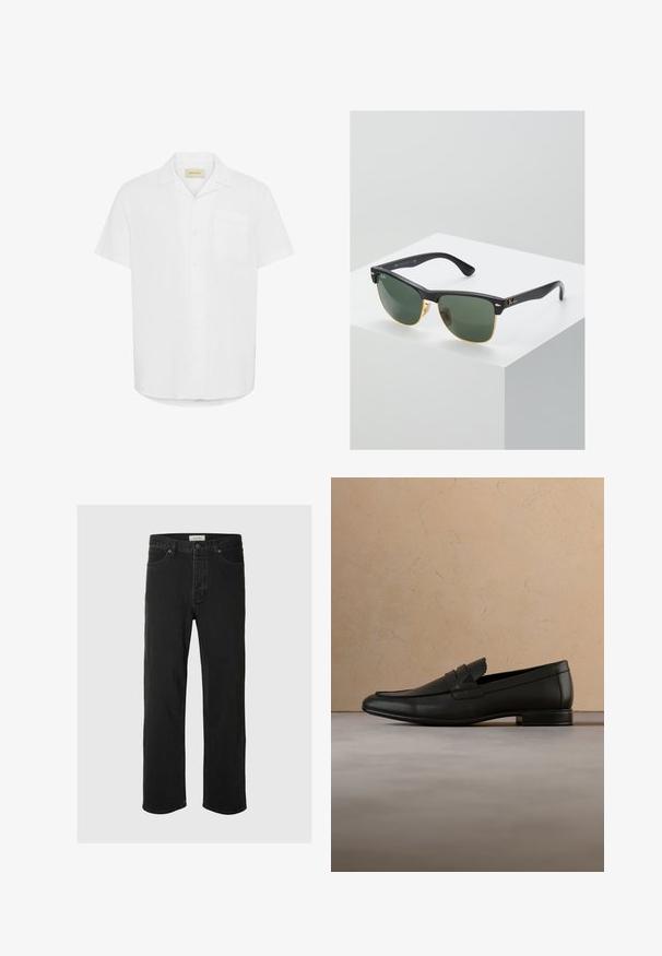 Chemise blanche à manches courtes, fabriquée en tissu léger, avec une poche poitrine unique et un design décontracté.; Des jeans en denim noir à coupe droite disposent d'un design classique à cinq poches avec fermeture à bouton, de coutures minimales et d'une texture douce.; Mocassin en cuir noir flottant au-dessus d'un tapis beige avec un canapé beige dans un intérieur minimaliste.; Lunettes de soleil Ray-Ban avec des verres verts, monture en plastique noir et accents dorés sur les bords. Forme carrée avec une finition mate.