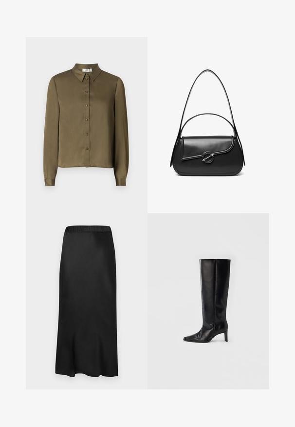 JDY JDYFIFI SHIRT - Blusa - dark olive; Falda midi negra de satén con cinturilla elástica. Textura suave y diseño simple, que se estrecha ligeramente en el dobladillo para una silueta fluida.; Botas negras hasta la rodilla hechas de cuero suave, con punta puntiaguda y tacón delgado, con caña ajustada y diseño minimalista.; Bolso de hombro de cuero negro con una solapa curva asegurada por un broche metálico redondo y una correa delgada y ajustable.