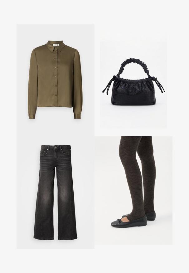 JDY JDYFIFI SHIRT - Overhemdblouse - dark olive; Zwarte spijkerbroek met wijde pijpen, vervaagde details, ontwerp met vijf zakken, knoop- en ritssluiting.; Benen met donkere geribbelde leggings gecombineerd met zwarte ballerina's met kleine strikdetails op een witte achtergrond.; Zwarte handtas met krokodillenstructuur, geplooide bovenrand, samengevoerde handgreep en koordtassels aan elke kant tegen een witte achtergrond.