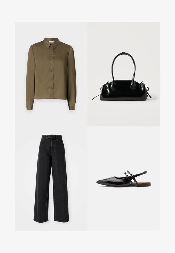 JDY JDYFIFI SHIRT - Overhemdblouse - dark olive; Zwarte high-waisted wide-leg jeans van denim, met een klassiek vijf-pocket ontwerp en subtiele stikdetails.; Zwarte gepatineerde leren slingback schoenen hebben een spitse neus, twee banden met gespsieraden en een platte zool.; Kleine zwarte glanzende handtas met twee lange hengsels en zijkant trekkoord details op een effen lichte achtergrond.