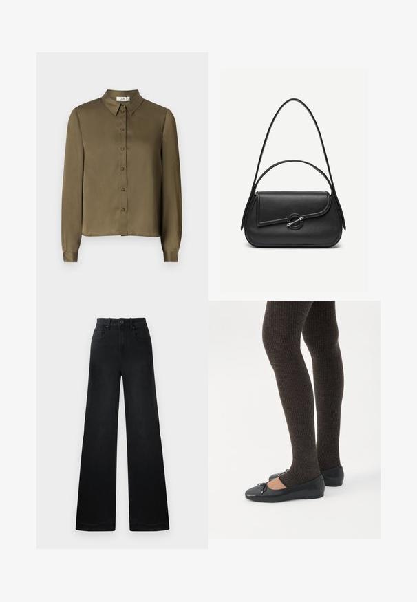 JDY JDYFIFI SHIRT - Blusa - dark olive; Pantalones de mezclilla negros de pernera ancha con cintura ajustada, que cuentan con trabillas para el cinturón, bolsillos delanteros y traseros, y una textura suave.; Piernas con leggings oscuros acanalados combinados con bailarinas negras que presentan pequeños detalles de lazo sobre un fondo blanco.; Bolso de cuero negro con bordes redondeados, solapa asimétrica, cierre circular de metal y correas de hombro cortas y largas.