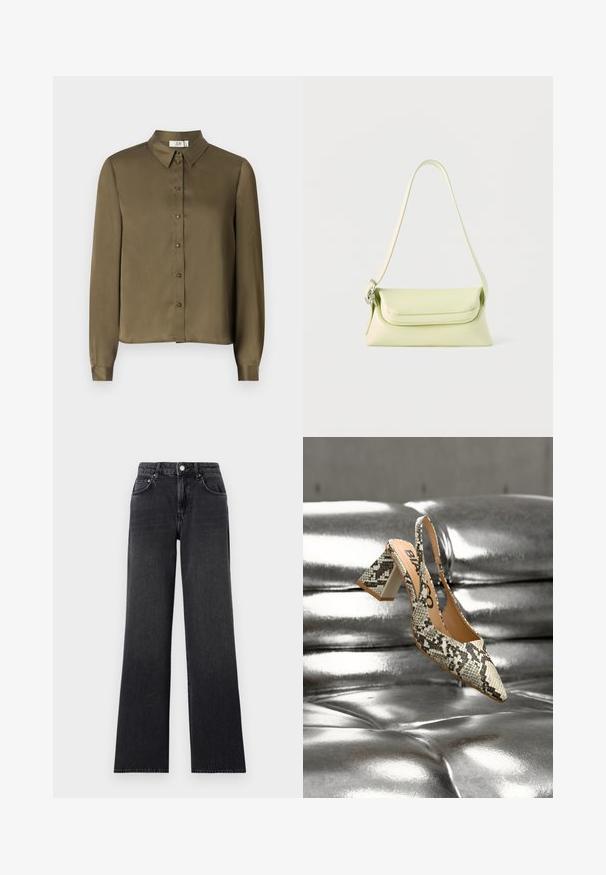 JDY JDYFIFI SHIRT - Hemdbluse - dark olive; Schwarze Weitbein-Jeans aus Denim, mit hoher Taille, Gürtelschlaufen und klassischem Fünf-Taschen-Design mit kupferfarbenen Akzenten.; Spitz zulaufender Slingback-Pumps mit strukturierter Schlangenhautmusterung und einem klobigen weißen Absatz, vor einem reflektierenden silbernen Hintergrund.; Hellgrüne Lederhandtasche mit einem einzelnen Riemen und Klappverschluss, präsentiert vor einem weißen Hintergrund.