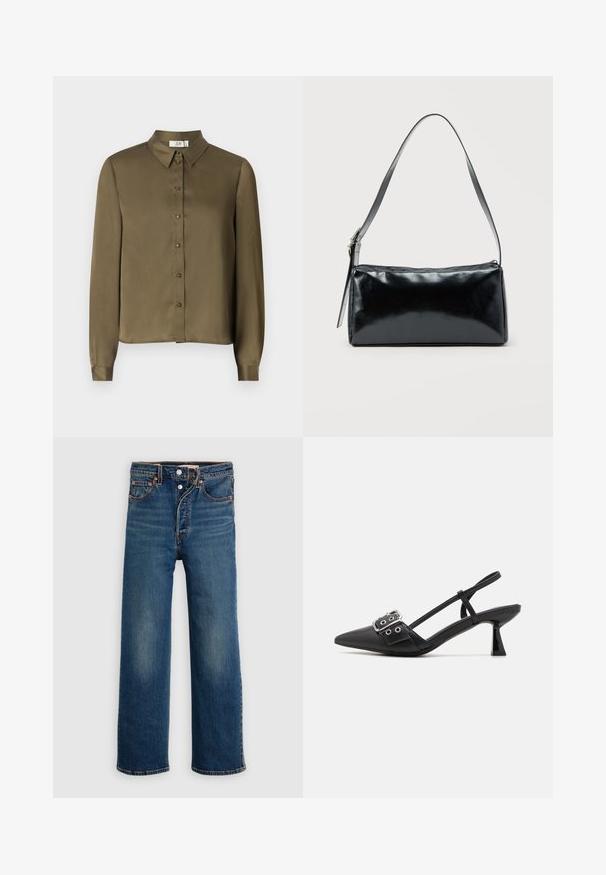 JDY JDYFIFI SHIRT - Chemisier - dark olive; Jean en denim bleu foncé avec une coupe décontractée. Comprend un style à cinq poches, une fermeture à boutons et un léger délavage sur les cuisses.; Simmi London DALA - Escarpins - black; Sac d'épaule rectangulaire noir avec une sangle réglable unique et une fermeture éclair supérieure sur un fond uni.