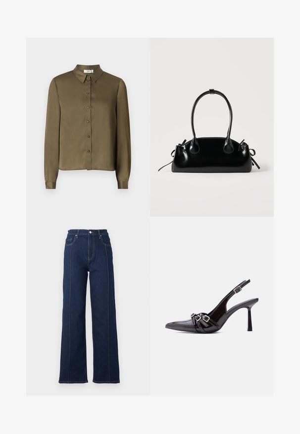 JDY JDYFIFI SHIRT - Overhemdblouse - dark olive; Donkerblauwe denim broek met wijde pijpen, opvallende stiksels, hoge taille en vijf zakken. Voorzien van een sluiting met knoop en rits aan de voorkant.; Zwart lakleren slingback pumps met hoge hak, puntige neus en drie decoratieve riemen met gespen over de wreef.; Kleine zwarte glanzende handtas met twee lange hengsels en zijkant trekkoord details op een effen lichte achtergrond.