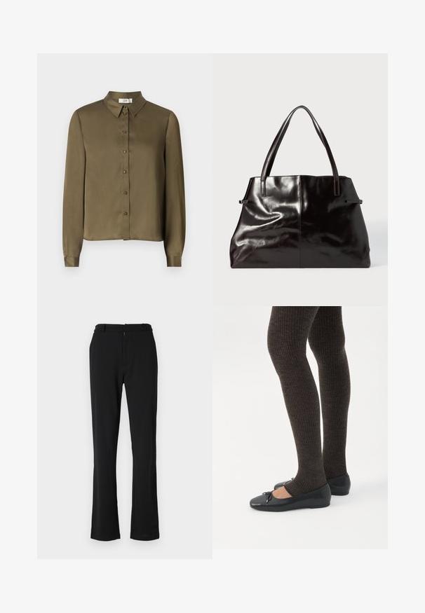 JDY JDYFIFI SHIRT - Chemisier - dark olive; Pantalons évasés noirs avec une texture lisse, présentant un devant plat, des passants de ceinture et une fermeture éclair. Conçus pour un ajustement ajusté.; Jambes portant des leggings côtelés foncés associés à des ballerines noires avec de petits détails en nœud sur fond blanc.; Sac fourre-tout en cuir noir avec texture lisse, deux longues poignées et des coutures subtilement visibles. Présente une large ouverture, idéale pour transporter des objets.