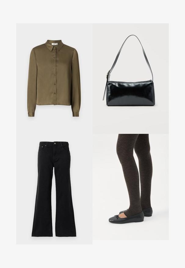 JDY JDYFIFI SHIRT - Chemisier - dark olive; Jean en denim noir taille haute avec cinq poches et jambes évasées, affiché sur un fond blanc.; Jambes portant des leggings côtelés foncés associés à des ballerines noires avec de petits détails en nœud sur fond blanc.; Sac d'épaule rectangulaire noir avec une sangle réglable unique et une fermeture éclair supérieure sur un fond uni.
