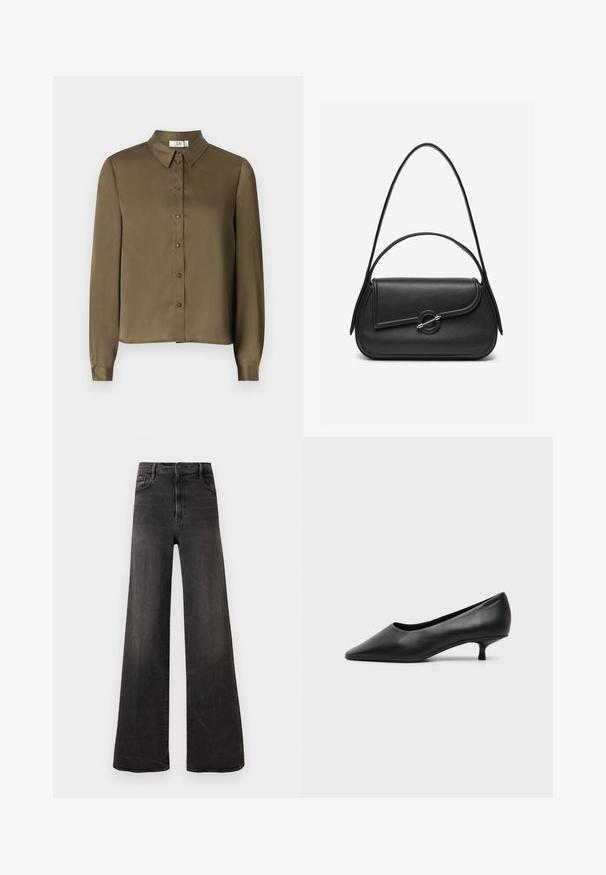 JDY JDYFIFI SHIRT - Overhemdblouse - dark olive; Zwarte wijde jeans van denim, met een hoge taille, voorzakken, een ritssluiting en subtiele vervaging voor textuur en detail.; Zwarte leren damesschoen met lage hak, puntige neus en kleine kittenhak op een effen lichte achtergrond.; Zwarte leren handtas met afgeronde hoeken, asymmetrische klep, metalen ronde sluiting en zowel korte als lange schouderriemen.