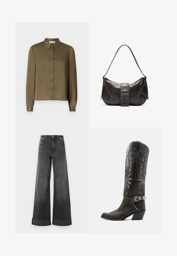 JDY JDYFIFI SHIRT - Overhemdblouse - dark olive; Zwarte high-waisted wijde jeans met opgerolde zoom, een knop aan de voorkant en zakken, gepresenteerd tegen een effen lichte achtergrond.; Zwarte leren cowboylaars met decoratieve uitsnijdingen, zilveren gesp en schuine hak, weergegeven op een witte achtergrond.; Bruine leren schoudertas met een gebogen vorm, voorzien van een opvallende gespdetail, contrasterende stiksels en een enkele schouderband.