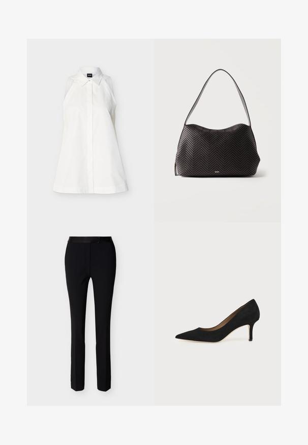 Chemise blanche sans manches avec col, boutons cachés sur le devant, coupe cintrée et étiquette de la marque à l'intérieur du col.; Pantalon slim noir formel avec fermeture éclair à l'avant et taille avec ceinture, conçu pour un look ajusté et soigné.; Escarpin en daim noir à bout pointu avec un talon stiletto fin de hauteur moyenne et un design à coupe basse sur un fond uni.; Sac à épaule en cuir tissé noir avec une seule bandoulière et petit logo doré "BOSS" au centre devant.