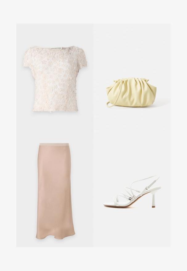 Top en dentelle beige clair, orné d'appliqués floraux sur le tissu, à manches courtes et à encolure arrondie. Design texturé et délicat.; Jupe midi en satin de couleur beige clair avec une texture lisse. Elle présente une taille ajustée et une coupe légèrement évasée, s'évasant doucement au niveau de l'ourlet.; Sandale blanche à talons hauts avec fines brides, accents argentés, bout carré et talon fin de hauteur moyenne sur fond blanc uni.; Sac à main plissé jaune en simili cuir lisse, arborant une forme douce avec une bandoulière unique et un design froncé sur le dessus.
