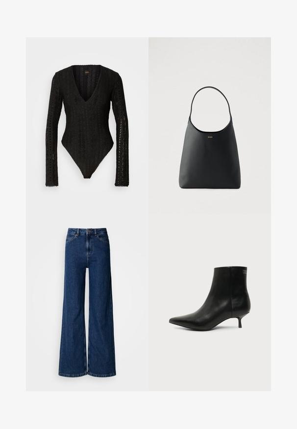Zwarte body met lange mouwen, V-hals, textuur van kant en een slim fit. Bevat ingewikkelde details en gegolfde randen.; Wijd uitlopende jeans met een donkere wassing, gemaakt van denim, met een hoge taille, klassiek ontwerp met vijf zakken en subtiele stiksel details langs de naden.; Zwart leren enkellaars met puntige neus en lage kittenhak op lichte achtergrond, zijaanzicht buitenkant.; Zwarte leren handtas met een enkele gebogen handgreep, gladde textuur en een subtiel logo aan de voorkant. Minimalistisch ontwerp en ruime binnenkant.