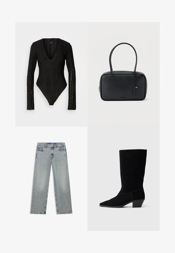 Zwarte body met lange mouwen, V-hals, textuur van kant en een slim fit. Bevat ingewikkelde details en gegolfde randen.; Lichtblauwe wijde jeans van denim, met vervaagde gebieden, vijf zakken en een blauwe tailleband met merk.; Zwarte suede enkellaars met een spitse neus, een schacht van gemiddelde hoogte en een chunky hak. Heeft minimaal stikwerk en een gladde textuur.; Zwarte rechthoekige handtas met dubbele afgeronde handvaten, gouden ritssluiting en geperst "HUGO" logo aan de voorkant met een aangehecht lederen label.