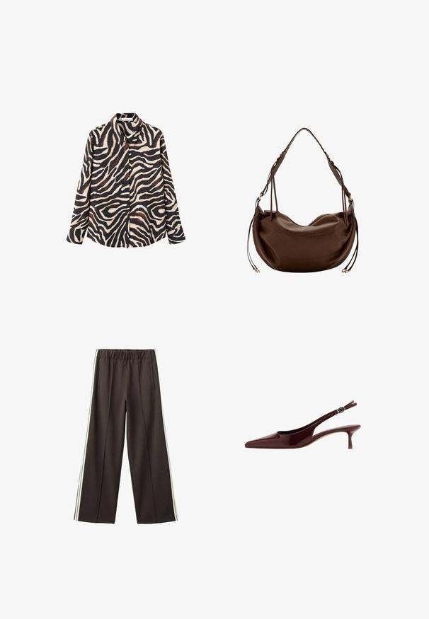 Chemise à manches longues présentant un imprimé zèbre aux tons noir, crème et marron. Fabriquée en tissu lisse avec un col classique et une fermeture à boutons.; Pantalon noir à jambes larges avec taille élastique, poches latérales et bandes blanches sur les côtés. Tissu lisse avec une coupe ajustée.; Chaussure slingback à petit talon en cuir verni marron foncé avec bout pointu et bride réglable à boucle.; Sac à bandoulière en cuir marron avec une forme incurvée, une bandoulière réglable et des pompons en cuir décoratifs de chaque côté.