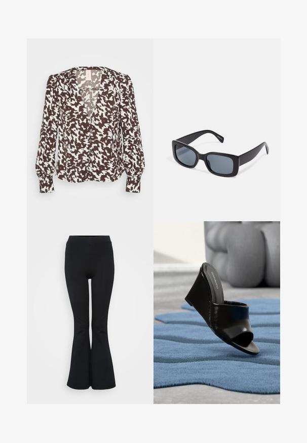 Brun og hvid mønstret bluse med V-udskæring, knaplukning foran og lange, let puffede ærmer. Blødt stof med en glat tekstur.; Sorte flare leggings lavet af strækbart materiale. Har en høj talje og en glat overflade. Slutter med en flared kant.; Sort kilehæl mule sko med åben tå på et blåt tekstureret tæppe, sløret grå sofa i baggrunden.; Sorte rektangulære solbriller med mørkt tonede linser, tyk plastramme og brede stænger. Glat overflade og kantet design.