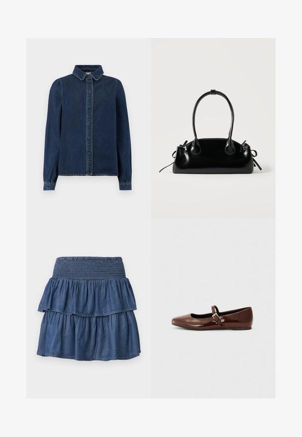 Mørkeblå denimskjorte med klassisk krave, frontknapper og lange ærmer med samlede manchetter. Har kontraststing overalt.; Blå lagdelt denimnederdel med bred smocktalje og to opsamlede lag på en ensfarvet baggrund.; Brun patentlæder balletflade med firkantet tå og strop med en lille guldbuckle. Glat tekstur, lav hæl og minimalistisk design.; Lille sort blank håndtaske med to lange håndtag og snøre-detaljer i siden på en ensfarvet lys baggrund.