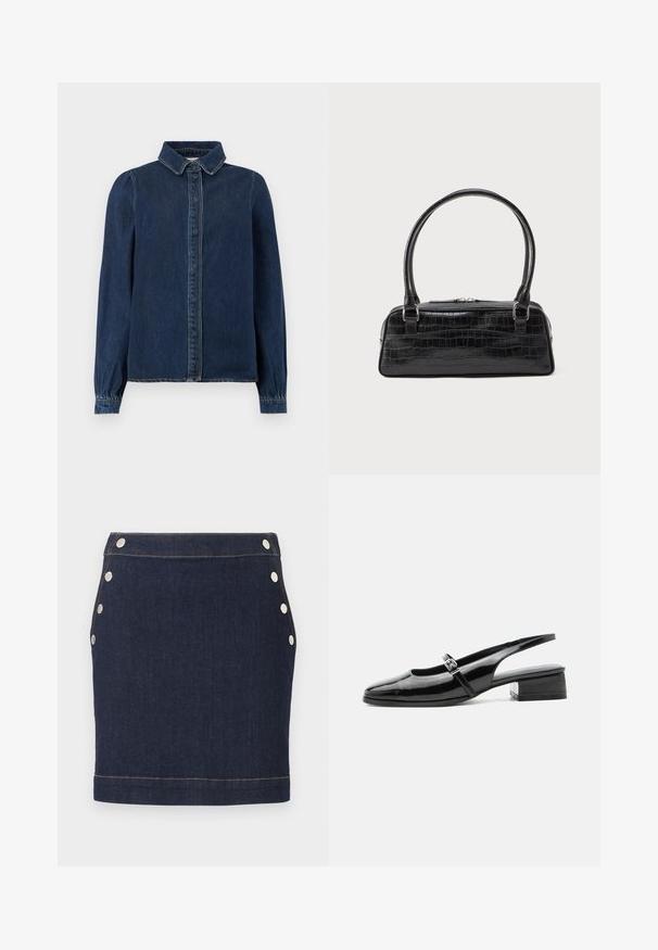 Mørkeblå denimskjorte med klassisk krave, frontknapper og lange ærmer med samlede manchetter. Har kontraststing overalt.; Mørkeblå denim mini nederdel med seks sølvfarvede trykknapper, tre på hver side, og synlige lysebrune syninger ved talje og kant.; Sort laklæderslingback-sko med lav blokhæl og tynd rem med sølvspænde over toppen.; Sort krokodilleder-embossed taske med rektangulær form, kort rullet håndtag og lynlåslukning. Glat tekstur med blank finish.