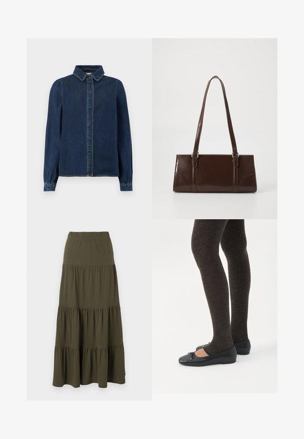 Mørkeblå denimskjorte med klassisk krave, frontknapper og lange ærmer med samlede manchetter. Har kontraststing overalt.; Olivengrøn lagdelt maxi-nederdel med elastisk taljebånd og rynkede stofpaneler.; Ben iført mørke ribbede leggings kombineret med sorte balletsko med små sløjfedetaljer på hvid baggrund.; Brun lakeret håndtaske med rektangulær form, to lange håndtag og subtile buede detaljer på fronten.