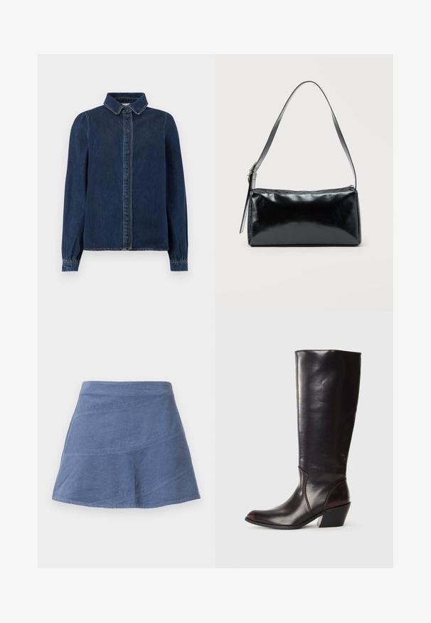 Donkerblauwe denimshirt met een klassieke kraag, knopen aan de voorkant en lange mouwen met gathered cuffs. Heeft contrasterende stiksels overal.; Blauwe corduroy A-lijn rok met diagonale naaddetails, kniehoogte, vlakke voorkant en subtiele textuur.; Knielange, donkerbruine leren laars met een spitse neus, hoekige blokhak en een gladde, glanzende textuur. Heeft een strak ontwerp en stikdetails.; Zwarte rechthoekige schoudertas met een enkele verstelbare band en een bovenste ritssluiting op een effen achtergrond.