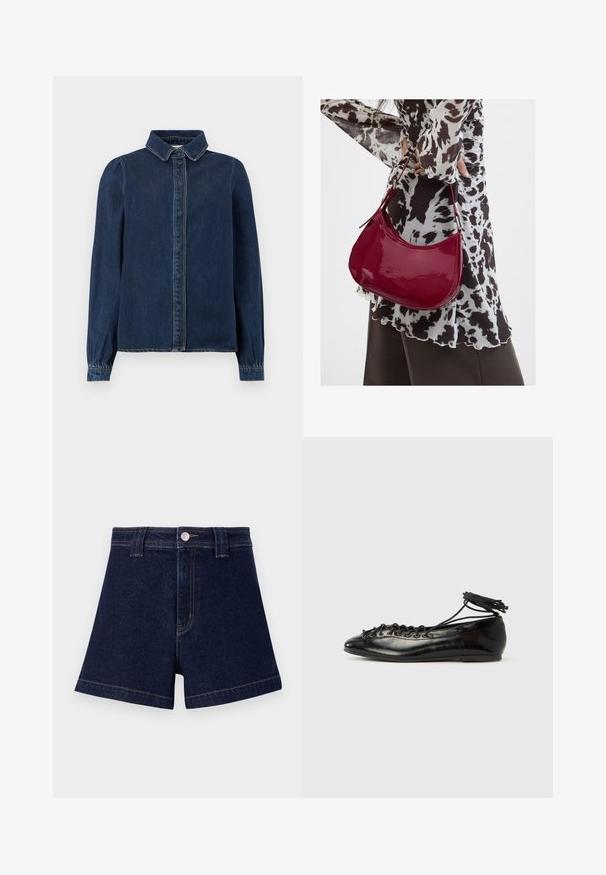 Mørkeblå denimskjorte med klassisk krave, frontknapper og lange ærmer med samlede manchetter. Har kontraststing overalt.; Mørkeblå denimshorts med klassisk snit, fem-lomme design og kontrastfarvet gul syning samt metalknaplukning.; Sorte balletflade sko i laklæder med rundet tå, snørelukning og flad sål. Glat tekstur med få detaljer.; Kvinde iført en sort- og hvidmønstret bluse, der holder en blank rød skuldertaske mod en ensfarvet baggrund.