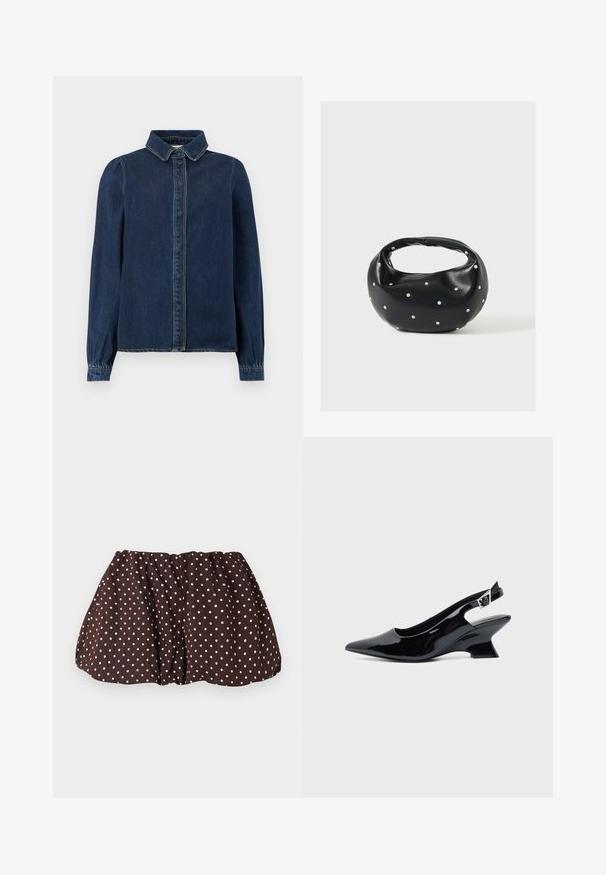 Donkerblauwe denimshirt met een klassieke kraag, knopen aan de voorkant en lange mouwen met gathered cuffs. Heeft contrasterende stiksels overal.; Bruine minirok met witte stippen, geplooide elastische tailleband en een licht uitlopende silhouet op een effen achtergrond.; Zwarte lakleren slingback schoen met spitse neus en lage schuine blokhak op een effen lichte achtergrond.; Zwarte leren handtas met een afgeronde vorm, versierd met zilveren studs, en een korte handgreep. Gladde textuur en ritsluiting.