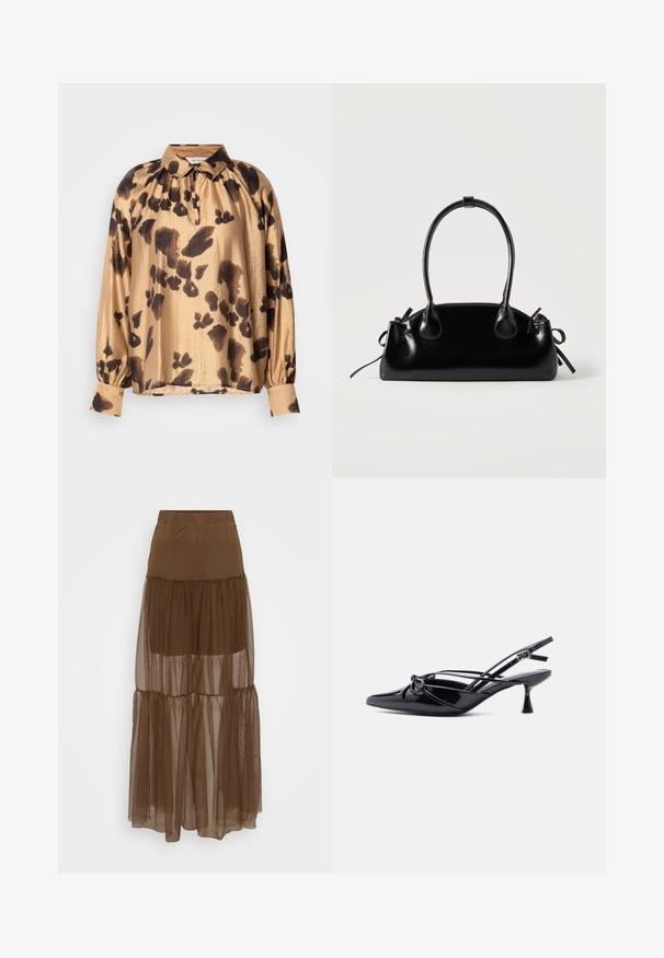 Blouse marron clair avec des motifs abstraits foncés, encolure collée, épaules plissées et manches longues avec poignets boutonnés. Texture lisse.; Jupe brune à couches avec une superposition en maille texturée et une taille élastique. Elle présente trois niveaux de tissu transparent, offrant une silhouette fluide.; Escarpin slingback en cuir verni noir, bout pointu, petit talon kitten et nœud décoratif noué à l'avant.; Petit sac à main noir brillant avec deux longues anses et des détails à cordon sur les côtés sur un fond clair uni.