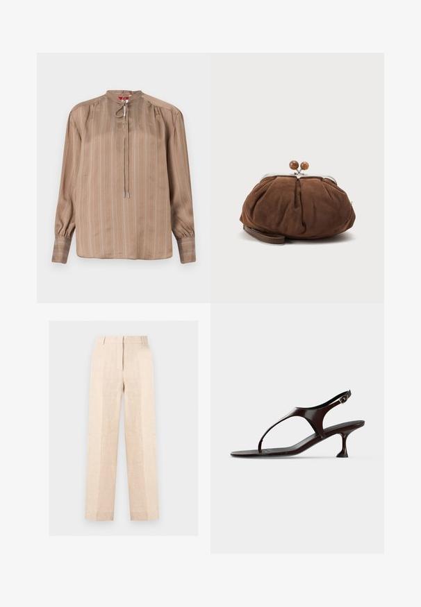 Blouse beige à manches longues avec fines rayures verticales, épaules froncées, col montant avec lien à nouer et poignets boutonnés.; Pantalon beige taille haute droit avec pli sur le devant, fermeture éclair dissimulée et passants de ceinture, présenté sur un fond clair uni.; Sandale slingback en cuir verni marron foncé avec petit talon et bride entre les orteils sur fond blanc.; Petit sac poignet en daim marron doux avec cadre en métal argenté et boules rondes marron de fermeture sur fond clair uni.