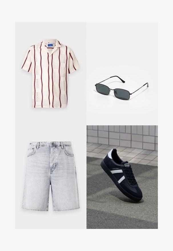 Chemise à manches courtes de couleur crème avec des rayures verticales bordeaux et un motif brodé. Boutonnage sur le devant et col à encoches.; Shorts en denim gris clair avec une finition légèrement délavée. Comprend cinq poches, des passants de ceinture et une fermeture éclair avec un bouton.; Sneaker en cuir noir avec des rayures blanches, semelle en caoutchouc texturée et devant à lacets. Présente une étiquette de marque sur la languette.; Lunettes de soleil rectangulaires noires avec une fine monture en métal et des verres foncés reposant sur une surface blanche.