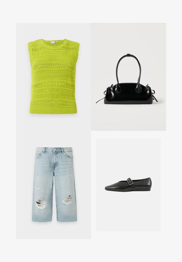 Ärmelloses Strickoberteil in leuchtendem Limettengrün mit strukturierten Mustern und Lochmuster-Details. Verfügt über einen runden Halsausschnitt und ein geripptes Bündchen.; Helle blaue Denim-Shorts mit lockerer Passform, die vorne zwei große, ausgefranste Risse aufweisen. Fünf Taschen und ein sichtbarer Metallknopfverschluss.; Schwarze Lederflachschuhe mit spitzem Zehenbereich, ausgestattet mit einem metallischen Riemen über dem Spann und einer niedrigen, flexiblen Sohle.; Kleine schwarze glänzende Handtasche mit zwei langen Griffen und seitlichen Kordelzug-Details vor einfachem hellem Hintergrund.
