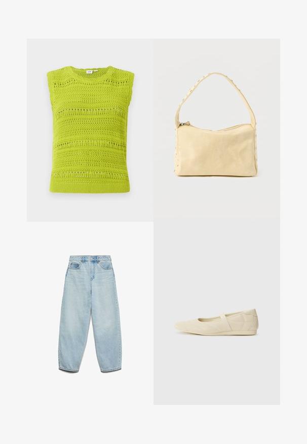 Ärmelloses Strickoberteil in leuchtendem Limettengrün mit strukturierten Mustern und Lochmuster-Details. Verfügt über einen runden Halsausschnitt und ein geripptes Bündchen.; Hellblaue Denim-Jeans mit entspannter Passform, hoher Taille und weiten Beinen, die eine leicht verblasste Textur und ein klassisches Fünf-Taschen-Design aufweisen.; Beige Ballerinas aus glattem Leder mit mandelförmiger Zehenpartie und elastischem Riemen über dem Fußrücken, ausgestattet mit dezenten Nähtelementen.; Kleine beige Ledertasche mit einem einzigen Riemen und silbernen Nieten entlang der Kanten und des Riemens, vor einem schlichten Hintergrund.