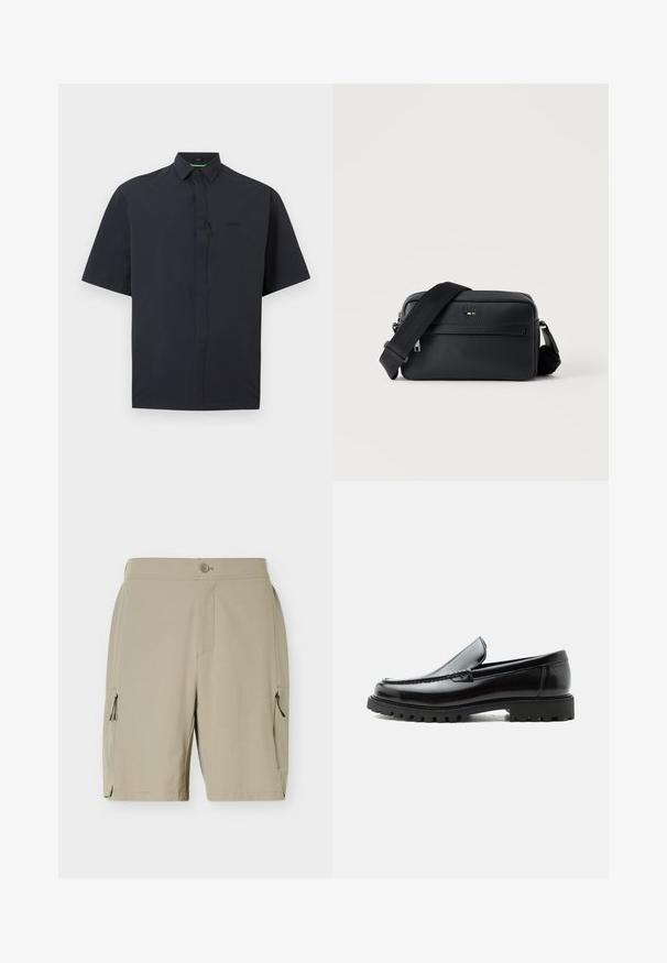 Chemise noire à manches courtes avec patte de boutonnage cachée et col pointu, présentée sur fond blanc.; Shorts beiges mi-genoux avec fermeture à boutons et poches zippées de chaque côté, conçus pour un usage décontracté ou en plein air.; Mocassin en cuir noir avec semelle en caoutchouc épaisse, dessus cousu et nom de marque embossé sur le talon, présenté de profil sur fond blanc.; Sac bandoulière en cuir noir texturé avec poche avant zippée et bandoulière large en tissu réglable sur fond blanc.