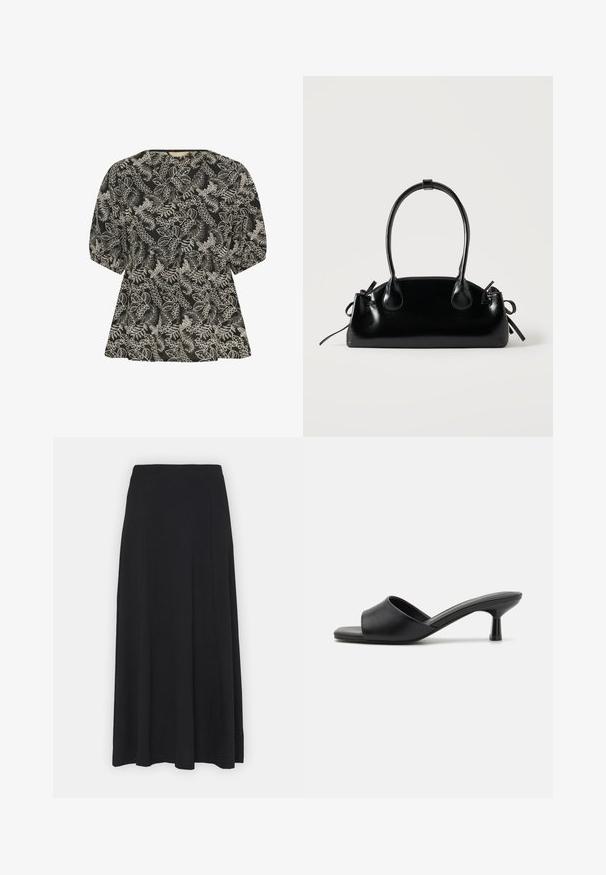 Culture CUBroderie - Bluse - black whitecap; Maxi nederdel i ensfarvet sort. Udfoldet design med en glat tekstur og elastisk talje. Ingen synlige mønstre eller detaljer.; Sorte slidesandaler med en glat læderoverdel, åben tå og en lav, blank hæl. Minimalistisk design med en buet form og slank finish.; Lille sort blank håndtaske med to lange håndtag og snøre-detaljer i siden på en ensfarvet lys baggrund.