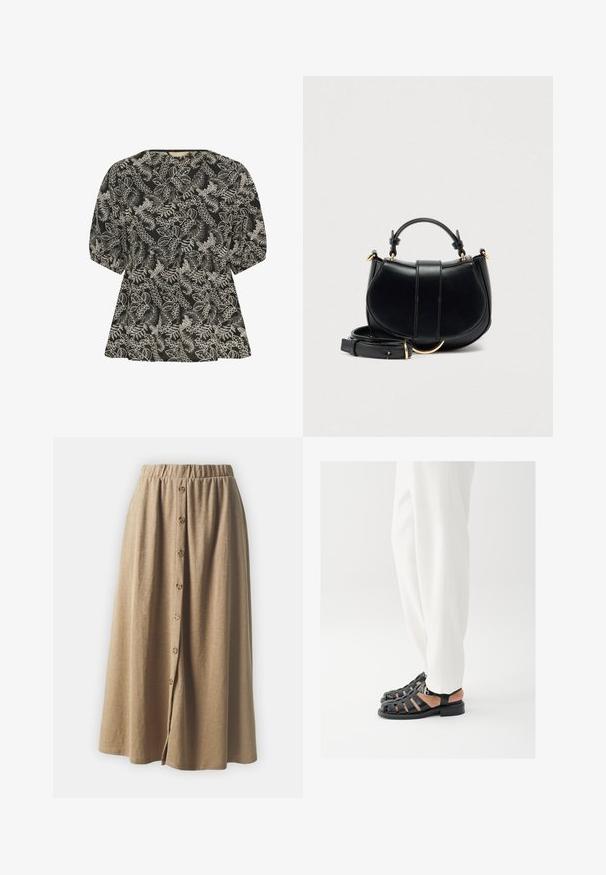 Culture CUBroderie - Blúzka - black whitecap; Khaki midi sukňa so zbieraným elastickým pásom a predným zapínaním na gombíky s piatimi guľatými gombíkmi, vyrobená z mäkkej, textúrovanej tkaniny.; Osoba oblečená v bielych nohaviciach a čiernych kožených sandáloch s otvorenou špičkou a prackou stojaca na bielom pozadí.; Čierna kožená kabelka s oblým tvarom, zlatými akcentmi a odnímateľným popruhom. Má hornú rukoväť a vertikálne švové detaily.